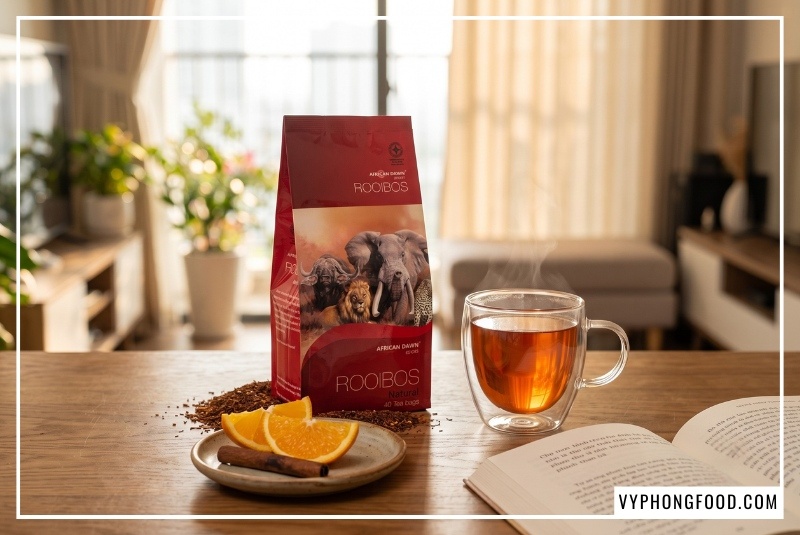 Tách Hồng trà Rooibos Nam Phi màu đỏ hổ phách nóng hổi bên gói trà African Dawn chính hãng, nguồn trà rooibos nguyên liệu pha chế đồ uống thanh mát hỗ trợ giấc ngủ cho cả gia đình.