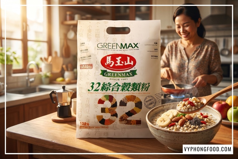 Túi bột ngũ cốc dinh dưỡng không đường từ 32 loại hạt Greenmax Đài Loan đặt cạnh bát ngũ cốc nóng hổi thơm ngon bổ dưỡng hơn ngũ cốc 20 loại hạt thông thường trong không gian bếp ấm cúng buổi sáng.