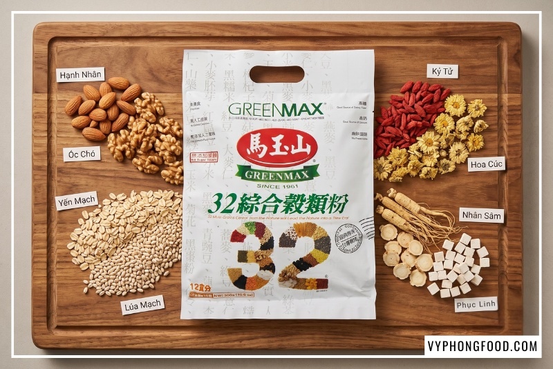 Góc chụp flat lay từ trên cao mô tả túi ngũ cốc Greenmax 32 hạt không đường cùng các loại hạt dinh dưỡng cao cấp và thảo dược quý tràn ra xung quanh thớt gỗ, nâng cấp toàn diện từ dòng ngũ cốc 20 loại hạt.