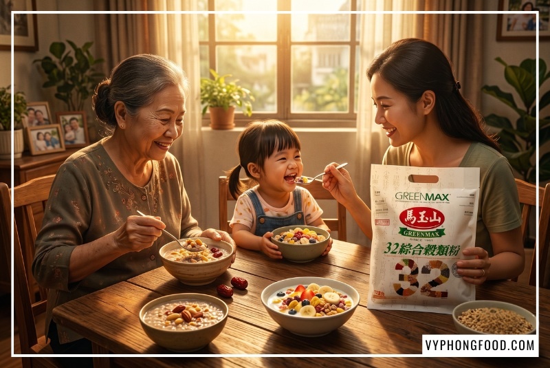 Khung cảnh gia đình ba thế hệ vui vẻ thưởng thức ly bột ngũ cốc không đường Greenmax chính hãng từ vyphongfood.com, giải pháp thay thế hoàn hảo cho ngũ cốc 20 loại hạt thông thường.
