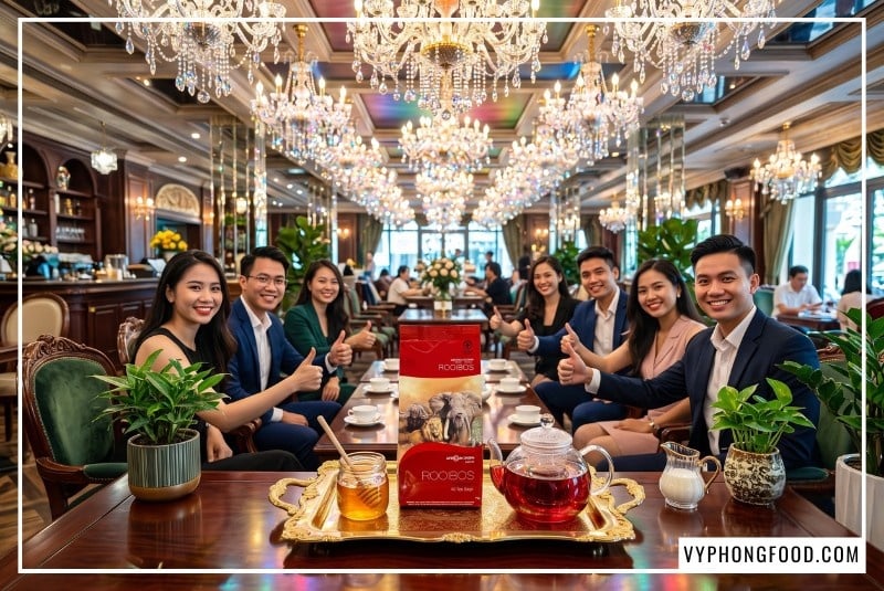 Khay đồng mạ vàng sang trọng đựng bao bì Hồng trà Rooibos African Dawn sắc nét và ấm trà thủy tinh đỏ rực khói nghi ngút, siêu nguyên liệu làm trà sữa không caffeine bẩm sinh nhập khẩu chính ngạch từ Nam Phi bởi vyphongfood.com.