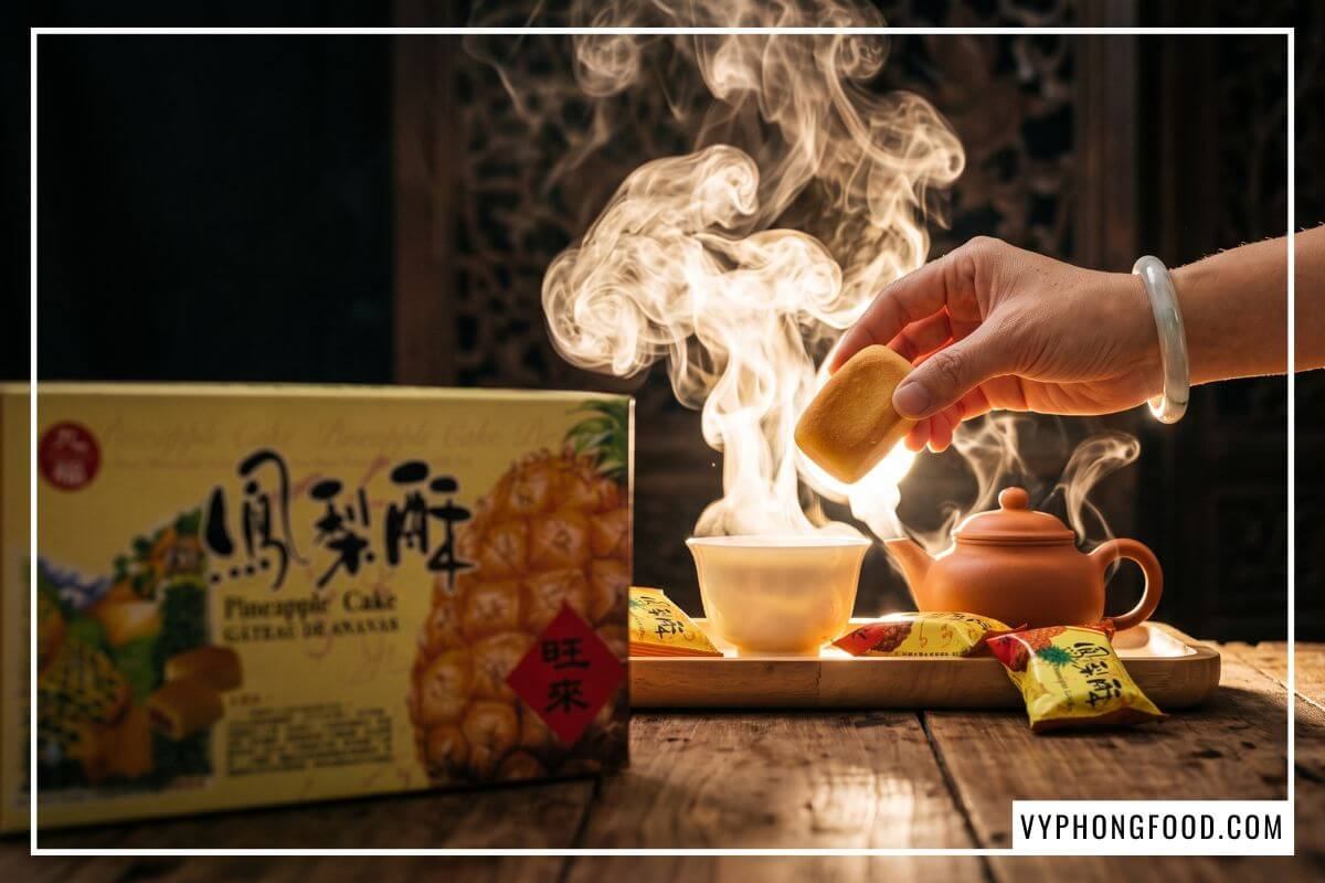 Bàn tay nữ cầm bánh dứa Đài Loan chính hãng lướt ngang làn khói tỏa ra từ ấm trà Ô Long Tử Sa sẫm màu.
