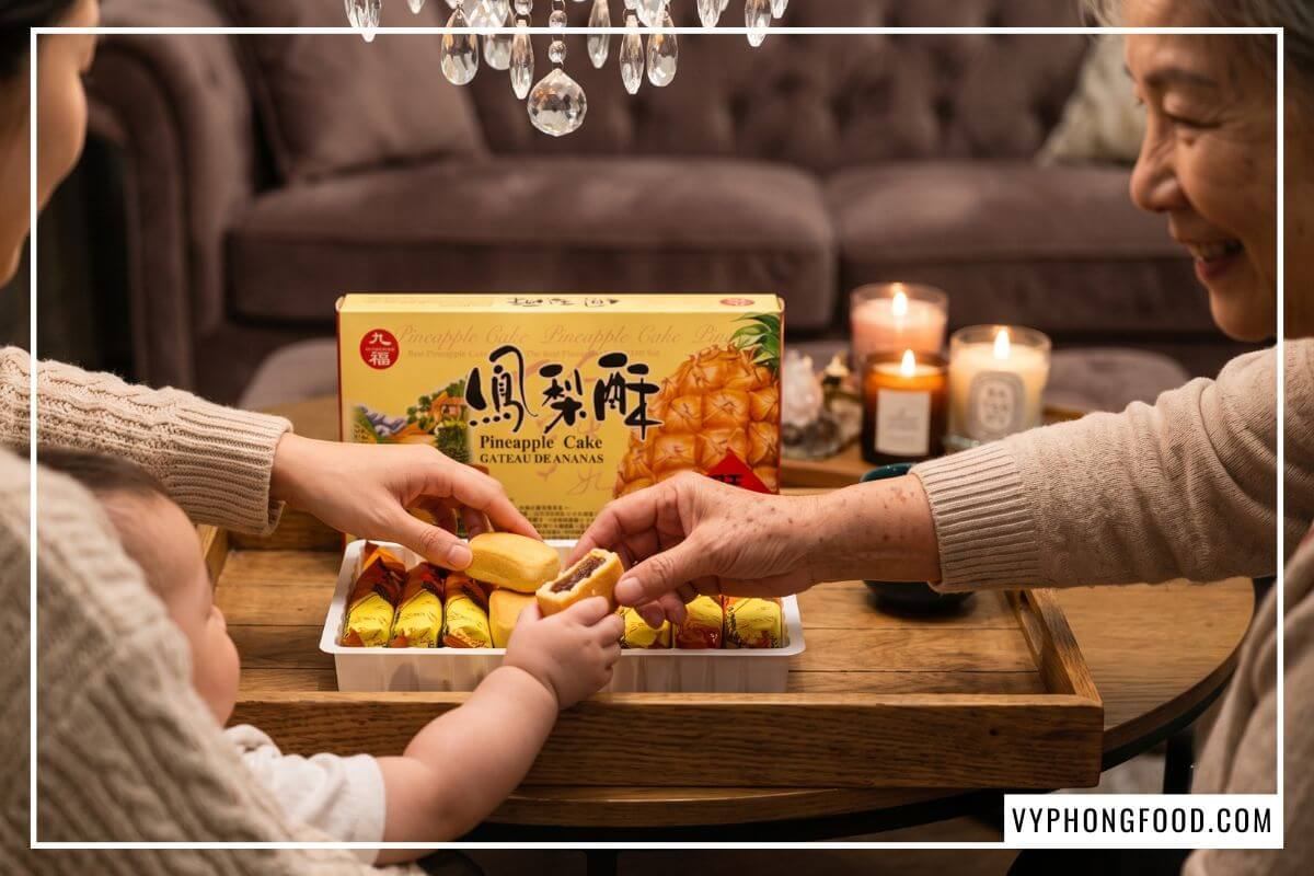 Tay bà cụ, người mẹ và em bé chạm lấy những chiếc bánh dứa Đài Loan chính hãng trên khay gỗ phòng khách.