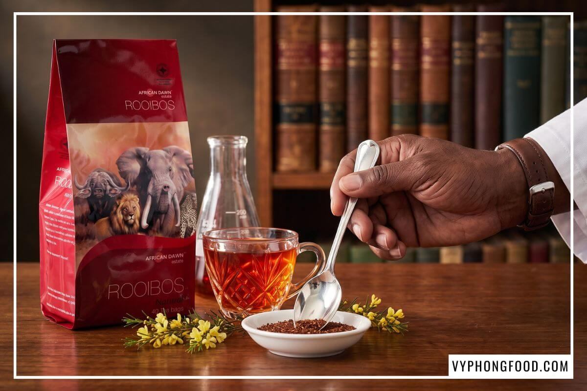 Chuyên gia kiểm định vụn lá trà cạnh gói hồng trà rooibos Nam Phi túi lọc giá bao nhiêu chính hãng trên bàn gỗ.