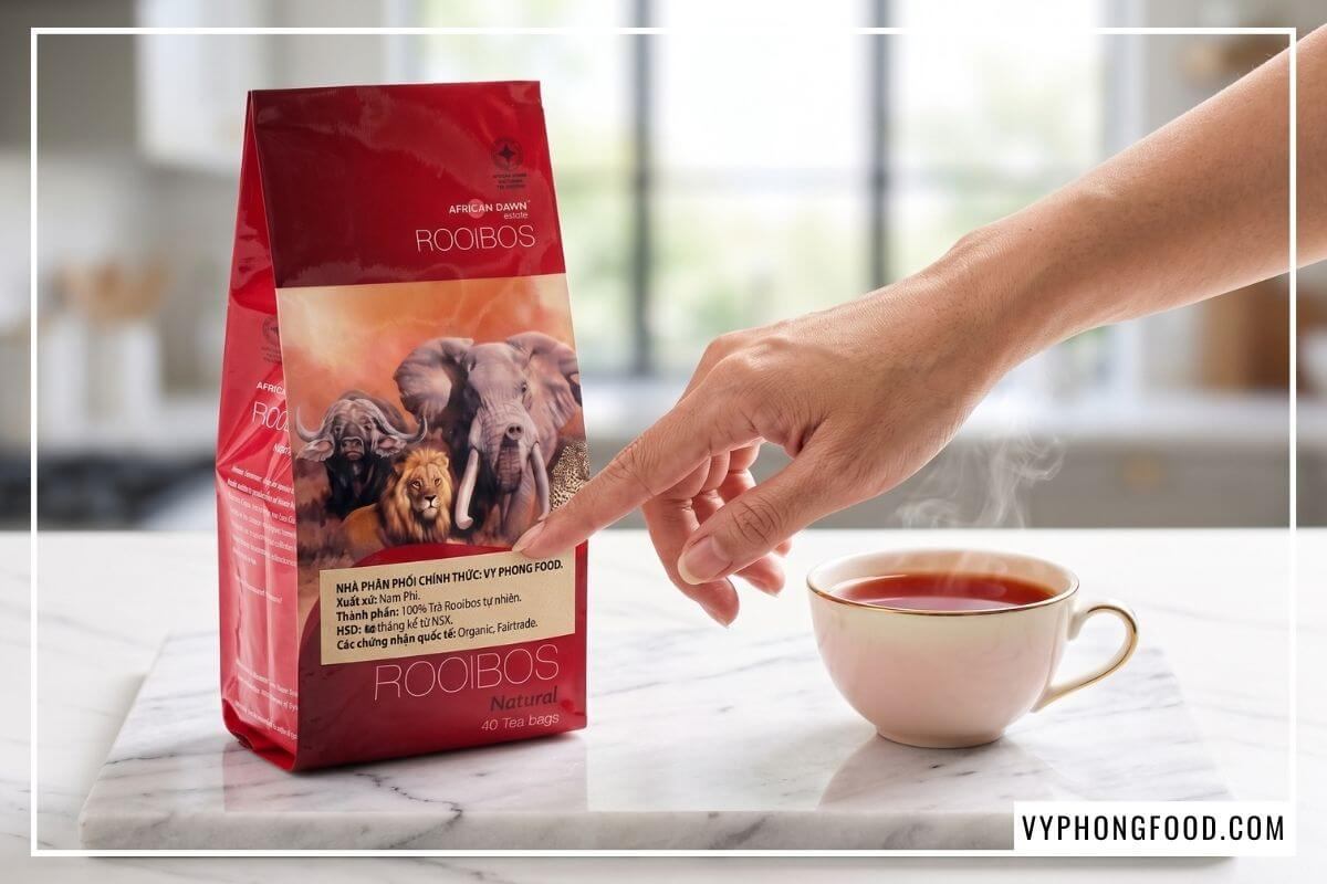 Ngón tay kiểm tra tem phụ tiếng Việt trên gói hồng trà rooibos Nam Phi túi lọc giá bao nhiêu của Vy Phong Food.