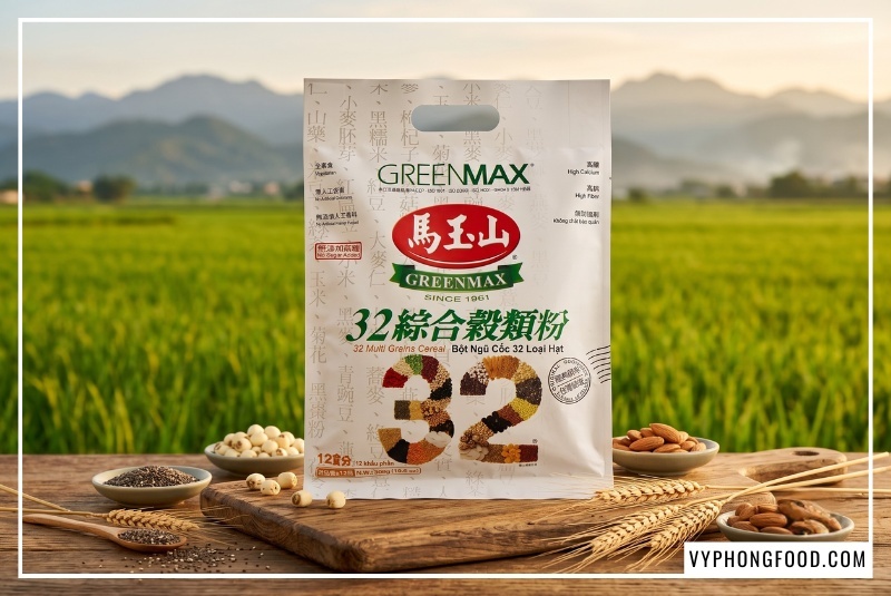 Sản phẩm bột ngũ cốc Đài Loan Greenmax dinh dưỡng không đường từ 32 loại hạt tự nhiên cao cấp phục vụ nhu cầu ăn kiêng giữ dáng tại Vy Phong Food.