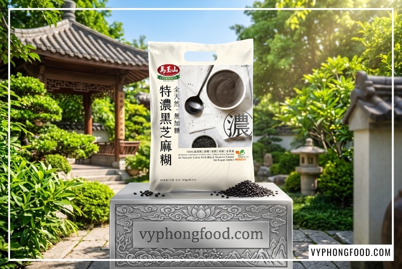 Túi bột ngũ cốc dinh dưỡng không đường từ mè đen Greenmax nguyên chất trên bệ bạc chạm trổ tinh xảo, đại diện cho dòng sản phẩm nhập khẩu ngũ cốc Đài Loan cao cấp giúp bổ sung canxi tự nhiên.