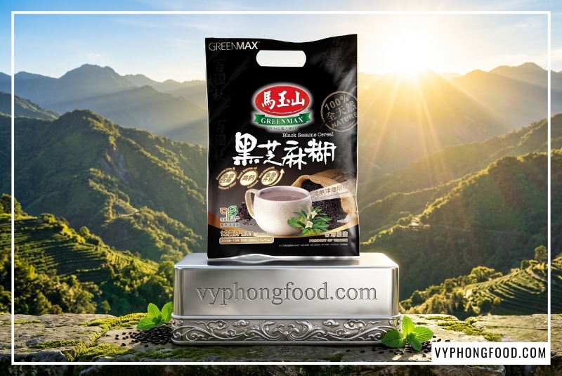 Bao bì túi bột ngũ cốc dinh dưỡng từ mè đen và các loại hạt Greenmax nổi bật giữa phong cảnh núi đồi ban mai, khẳng định chất lượng tuyệt hảo của dòng nhập khẩu ngũ cốc Đài Loan chính ngạch.