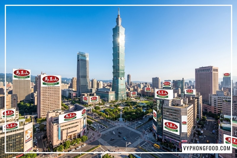 Cảnh quan đô thị hiện đại của thành phố Đài Bắc với tòa tháp Taipei 101 và hàng loạt biển quảng cáo rực rỡ logo Greenmax, bảo chứng cho độ tin cậy của sản phẩm nhập khẩu ngũ cốc Đài Loan.