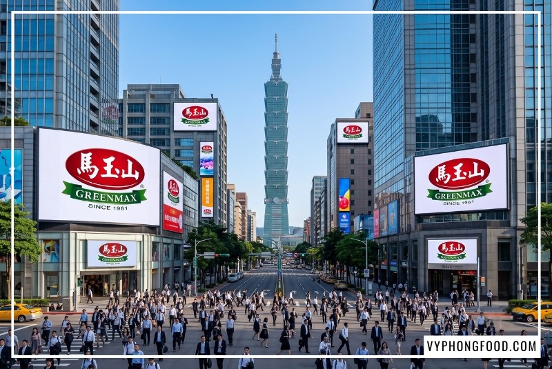 Hệ thống màn hình quảng cáo thương hiệu bột ngũ cốc Đài Loan Greenmax chuẩn nhãn sạch kép quốc tế tại Đài Bắc do Vy Phong Food nhập khẩu chính ngạch.