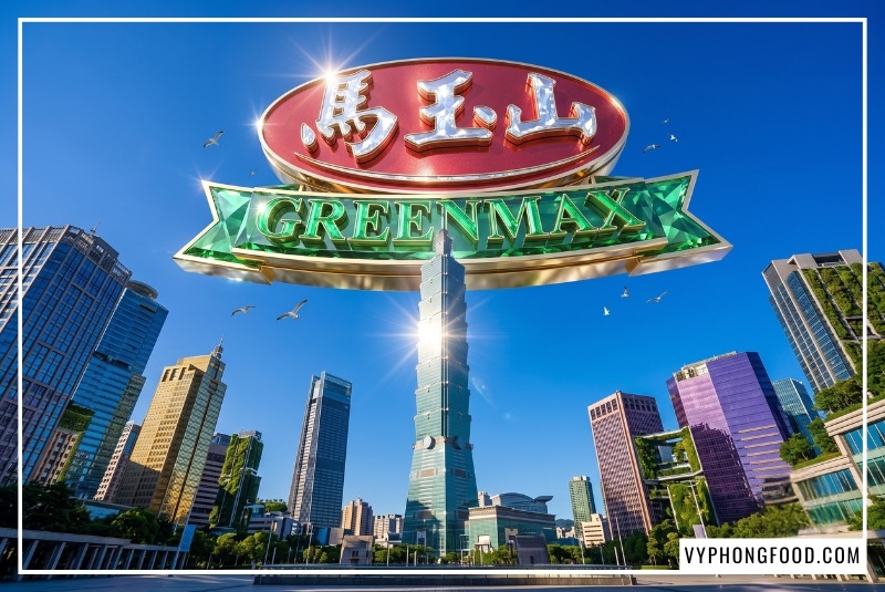 Logo Greenmax khổng lồ bay giữa bầu trời thành phố Đài Bắc và tháp Taipei 101 đầy nắng, khẳng định vị thế thương hiệu ngũ cốc Đài Loan chính ngạch giá sỉ nhập khẩu bởi vyphongfood.com.