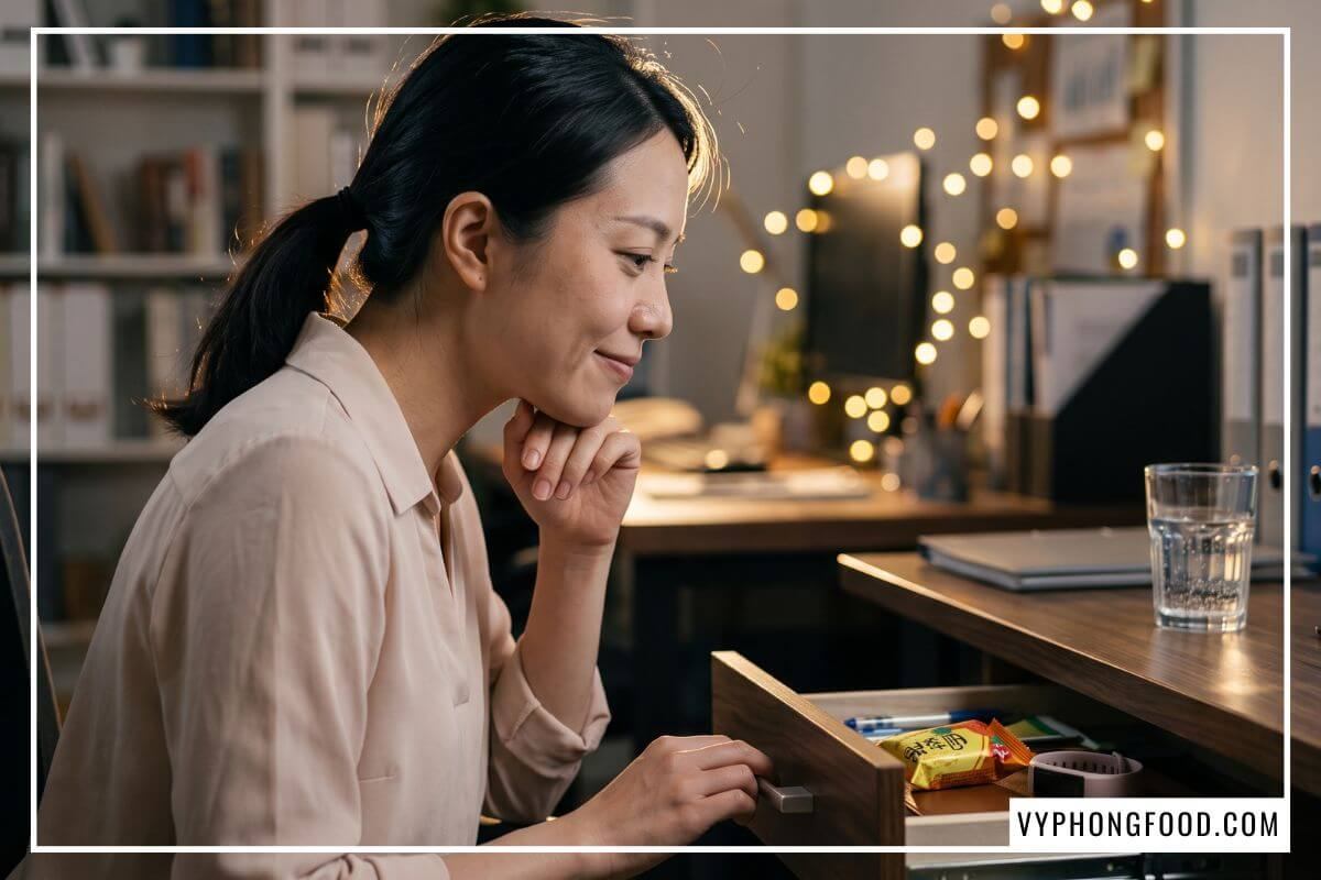 Gói bánh dứa mini ánh kim nằm trong ngăn kéo bàn làm việc bằng gỗ cạnh đồng hồ đo sức khỏe