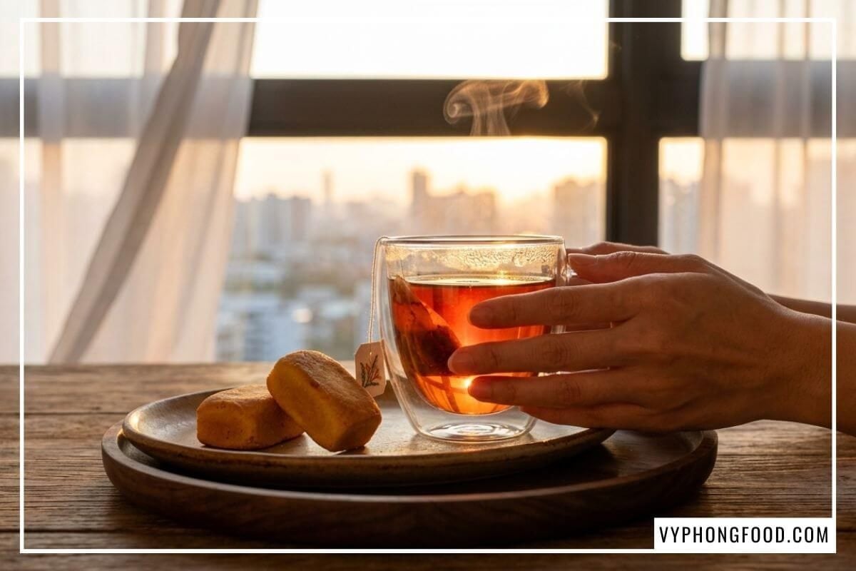 Tách hồng trà rooibos màu đỏ hổ phách đặt cạnh đĩa bánh dứa Taiwan vàng ruộm dưới ánh hoàng hôn ấm áp