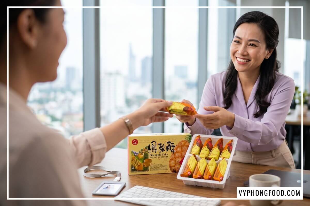 Đồng nghiệp trao nhau gói bánh dứa mini màng nhôm vàng ánh kim cạnh hộp bánh mở nắp trên bàn làm việc