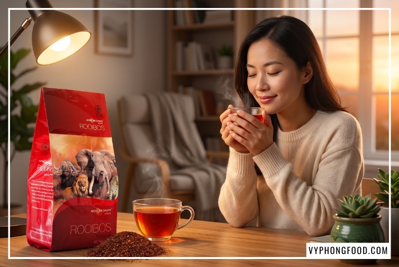 Người phụ nữ mỉm cười thư thái bên tách trà thảo mộc thiên nhiên ấm áp giúp ngủ ngon buổi tối.