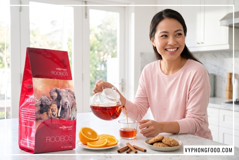 Mẹ trẻ rạng rỡ rót trà thảo mộc thiên nhiên túi lọc thơm ngon chăm sóc sức khỏe gia đình buổi sáng.