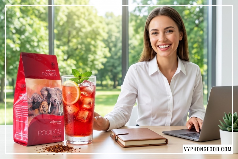 Nhân viên văn phòng tươi tắn bên ly trà thảo mộc thiên nhiên cold brew đá lạnh giúp giải nhiệt và tập trung.