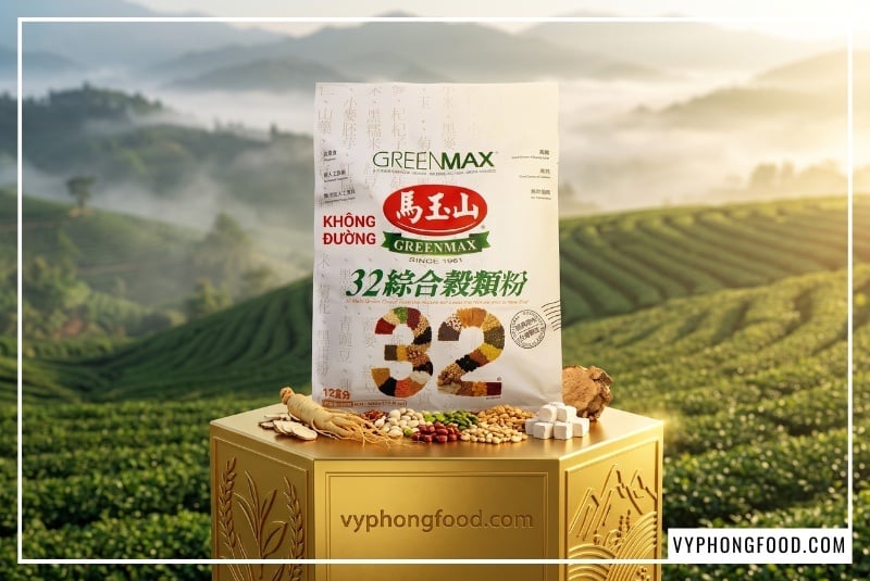 Túi bột ngũ cốc dinh dưỡng không đường từ 32 loại hạt Greenmax Đài Loan đặt trên đế vàng 24K khắc vyphongfood.com, giữa đồi chè Alishan mờ sương trong nắng sớm. Sản phẩm nhập khẩu ngũ cốc Đài Loan chính hãng.