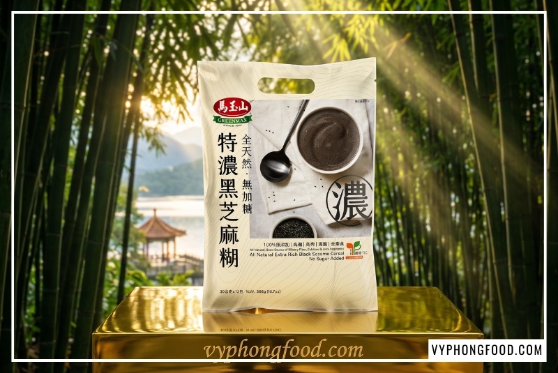 Túi bột ngũ cốc dinh dưỡng không đường từ mè đen Greenmax Đài Loan đặt trên bục vàng lấp lánh khắc vyphongfood.com, giữa khu vườn trúc cận cảnh hồ Nhật Nguyệt hắt nắng bình minh HDR rực rỡ. Sản phẩm nhập khẩu ngũ cốc Đài Loan chính ngạch.