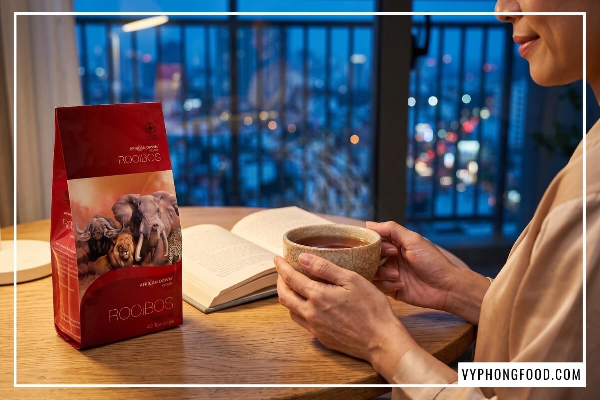 Thưởng thức trà ấm cạnh gói trà thảo mộc rooibos African Dawn từ cửa hàng bán trà rooibos nhập khẩu Nam Phi lúc đêm muộn.