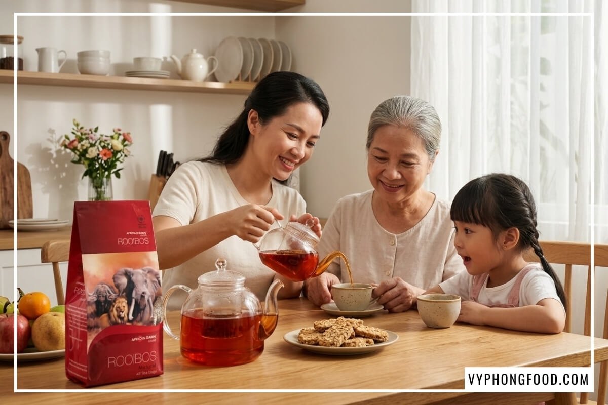 Mẹ rót trà African Dawn mua ở cửa hàng bán trà rooibos nhập khẩu Nam Phi cho bà và con gái nhỏ thưởng thức.