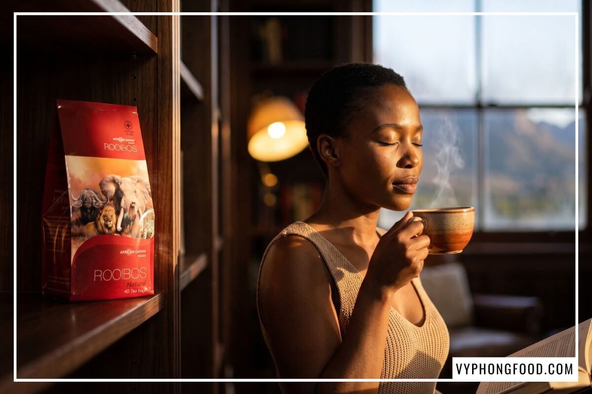 Người phụ nữ Nam Phi thưởng trà bên kệ sách cạnh gói hồng trà rooibos Nam Phi không caffeine cho người mất ngủ.