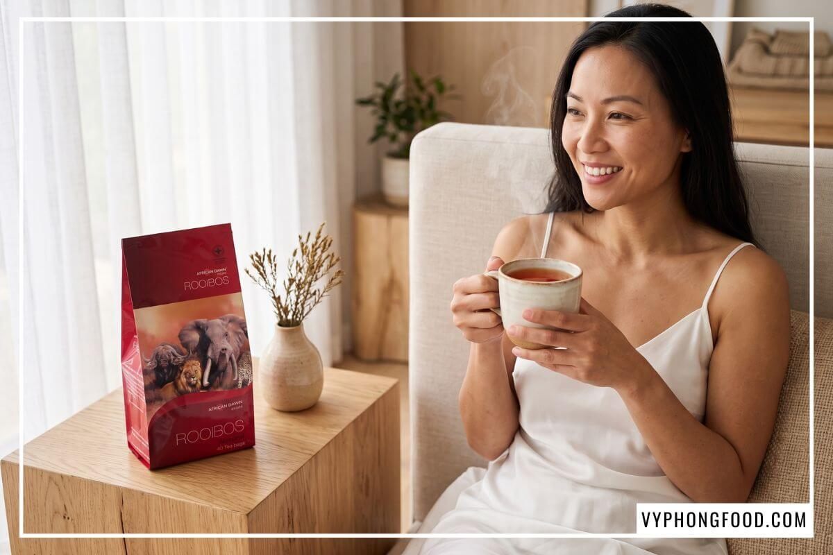 Người phụ nữ Việt Nam cầm tách trà ấm cạnh gói trà rooibos Nam Phi không caffeine cho người mất ngủ trên bàn gỗ.