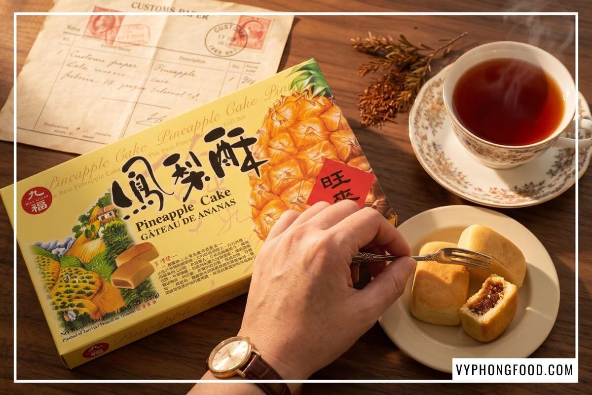 Bàn tay đeo đồng hồ da cầm nĩa ăn bánh dứa đặt cạnh ly hồng trà Nam Phi và bao bì của nơi bán trà thảo mộc.