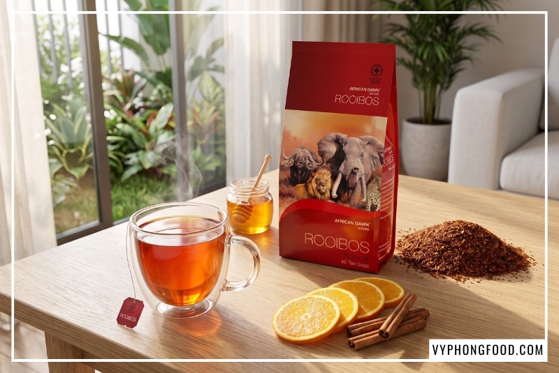 Tách ly thủy tinh hai lớp chứa nước hồng trà rooibos đỏ hổ phách bên gói sản phẩm bán sỉ hồng trà Nam Phi African Dawn phân phối bởi Vy Phong Food