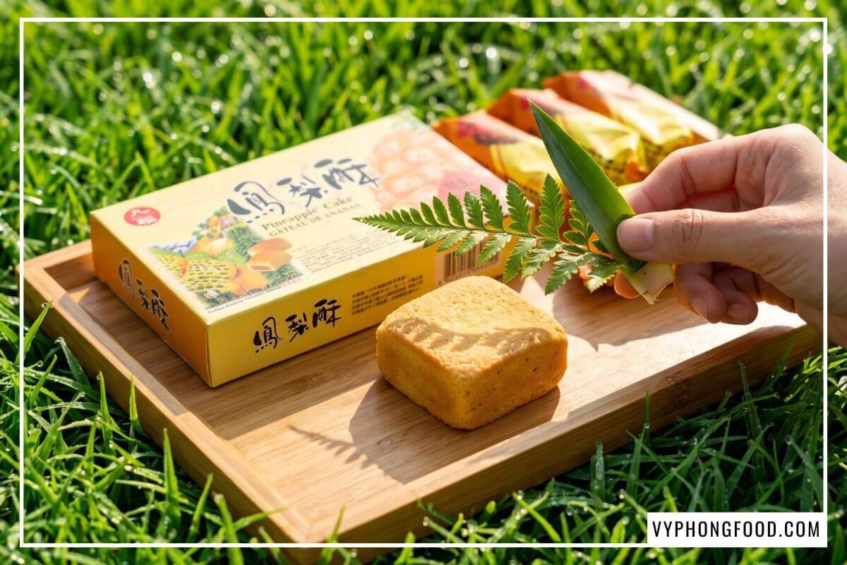 Bàn tay nữ che nhành dương xỉ qua chiếc bánh dứa Đài Loan chính hãng đặt trên khay tre giữa thảm cỏ xanh.