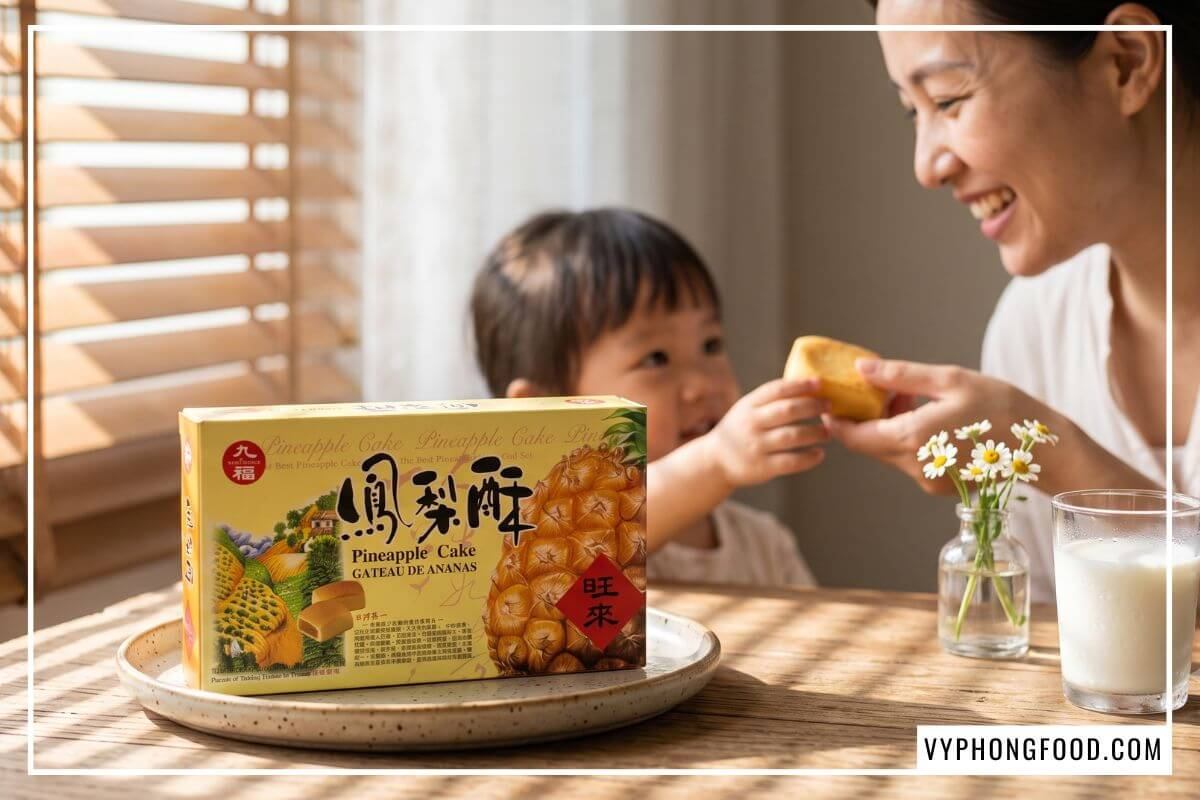 Hộp bánh dứa Đài Loan chính hãng nằm trên bàn cạnh ly sữa trong khi người mẹ mỉm cười đưa bánh cho con.