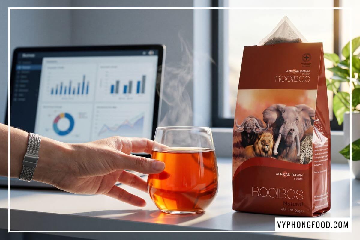 Bàn tay nữ chạm ly thủy tinh chứa hồng trà rooibos ấm màu hổ phách giúp uống trà tốt cho sức khỏe tại văn phòng.