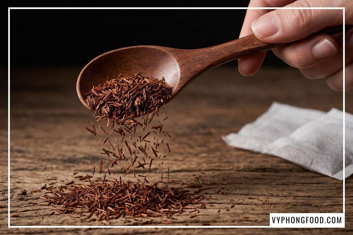 Muỗng gỗ nghiêng làm rơi các vụn lá kim sấy khô của hồng trà rooibos Nam Phi nguyên bản không ướp hương liệu