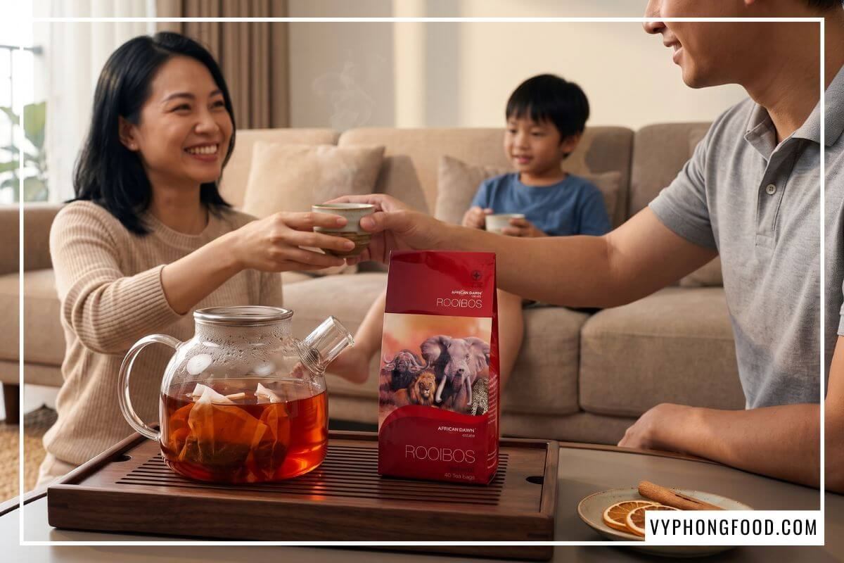 Bình hồng trà rooibos Nam Phi đỏ hổ phách và gói trà thảo mộc rooibos thương hiệu African Dawn đặt trên khay gỗ trong không gian gia đình ấm cúng
