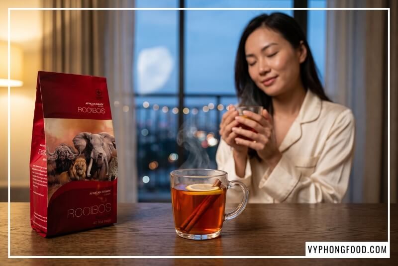Tách sứ trắng chứa nước hồng trà túi lọc đỏ hổ phách tỏa khói nhẹ bên rèm lụa