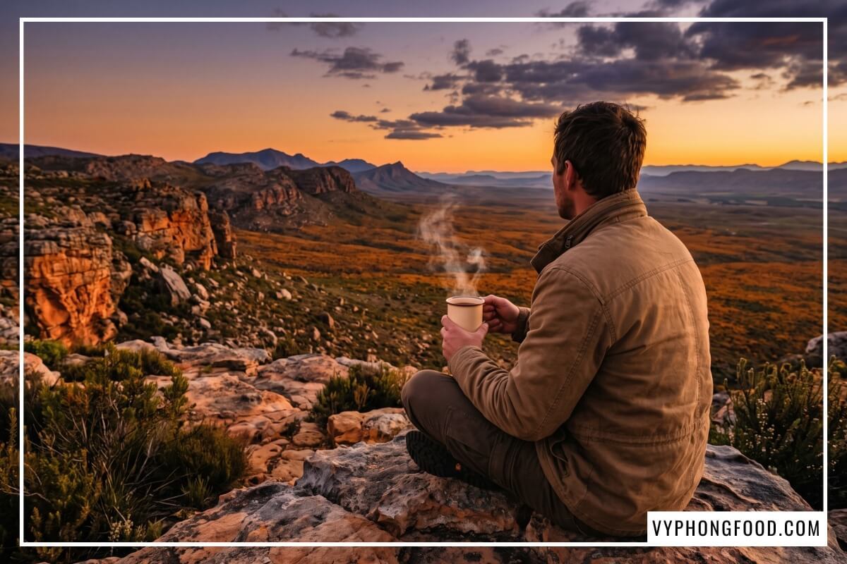 Cốc trà tráng men chứa nước hồng trà rooibos nóng bốc khói giữa thung lũng đá Cederberg Nam Phi