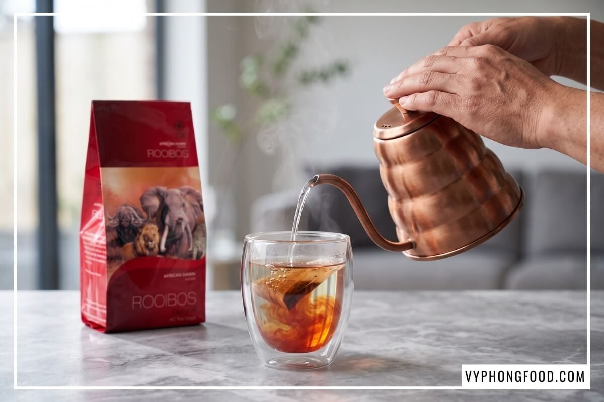 Rót nước sôi vào ly thủy tinh pha hồng trà rooibos túi lọc đỏ hổ phách cạnh gói African Dawn