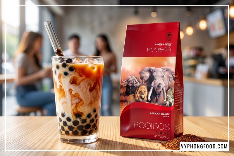 Ly trà sữa trân châu màu nâu đỏ hổ phách được pha từ hồng trà Nam Phi pha trà sữa đặt cạnh gói trà Rooibos African Dawn chính hãng trên bàn gỗ sáng bóng.
