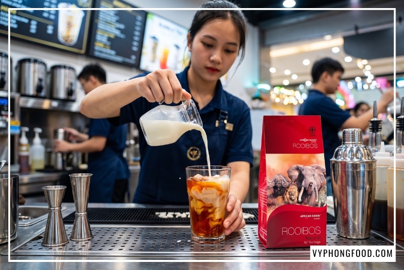 Nhân viên quầy bar đang rót sữa tươi vào cốt hồng trà Nam Phi pha trà sữa bên cạnh gói trà túi lọc African Dawn chính hãng phân phối bởi Vy Phong Food.