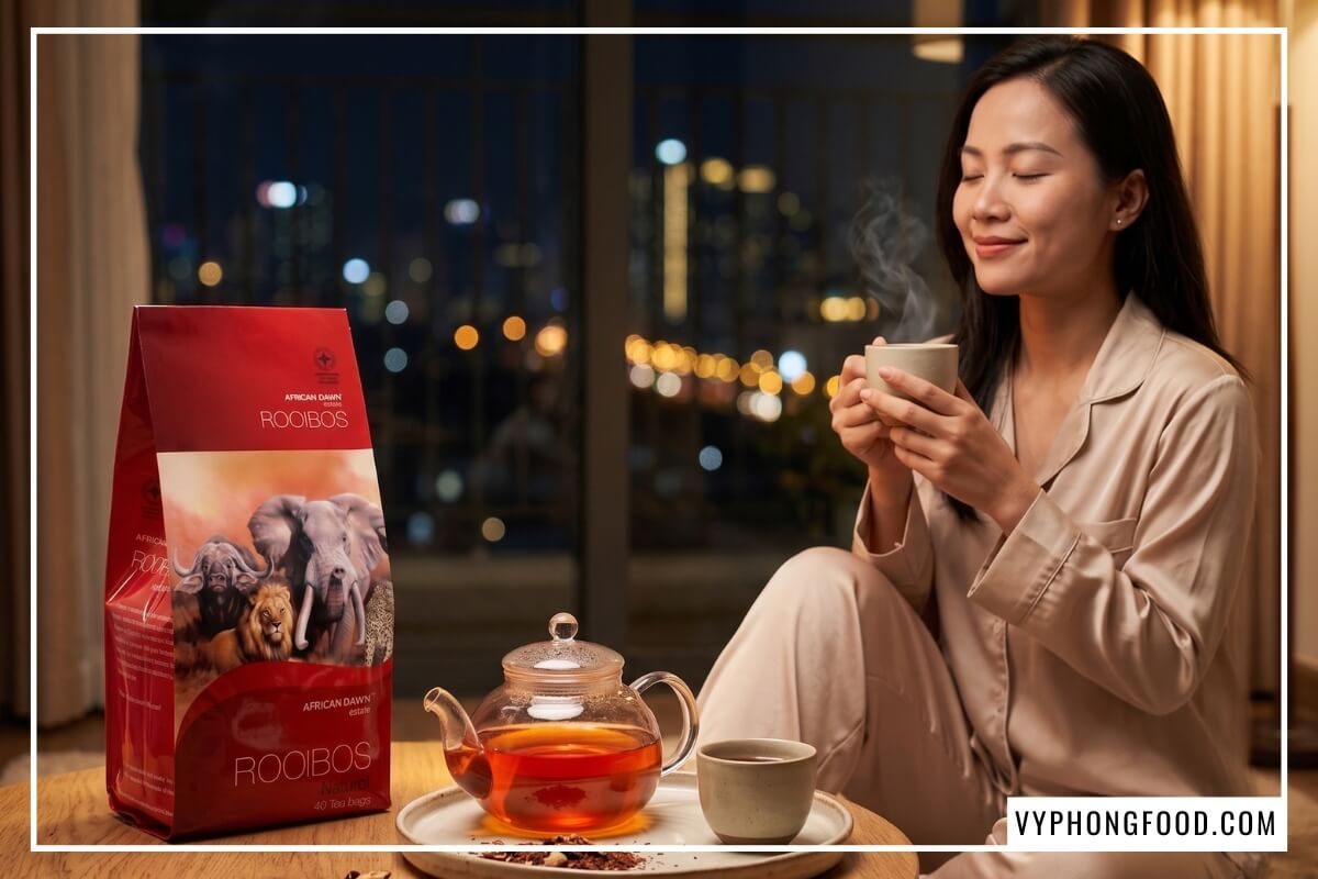 Tách trà rooibos Nam Phi có chứa caffeine không bên gói trà African Dawn đỏ trên bàn gỗ sồi ấm áp.