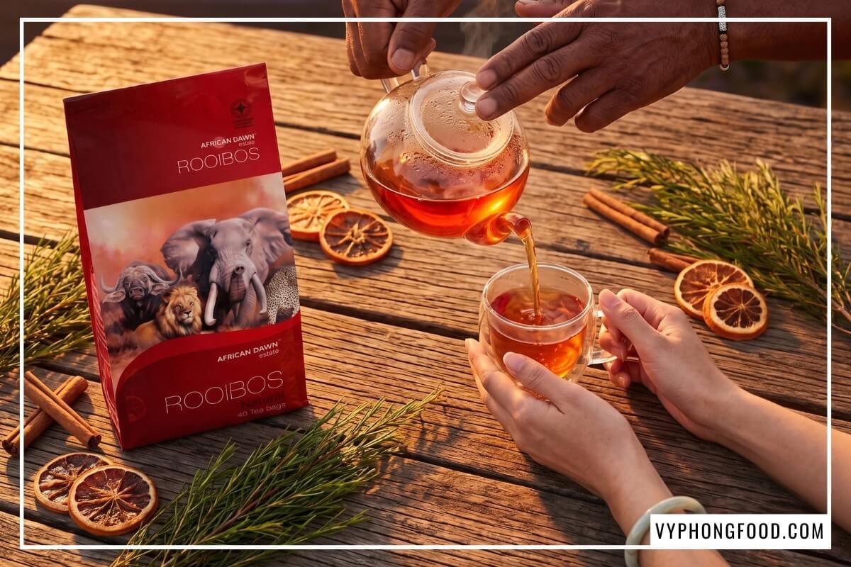 Rót ly trà rooibos Nam Phi có chứa caffeine không bên gói African Dawn và lát cam khô lúc hoàng hôn.