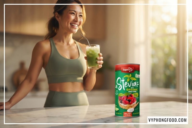 Hình ảnh minh họa phân tích lượng calo trong đường ăn kiêng có mập không, nổi bật sản phẩm đường cỏ ngọt hữu cơ Sugarless dạng lon 350g hỗ trợ kiểm soát cân nặng, thay thế đường kính hiệu quả.