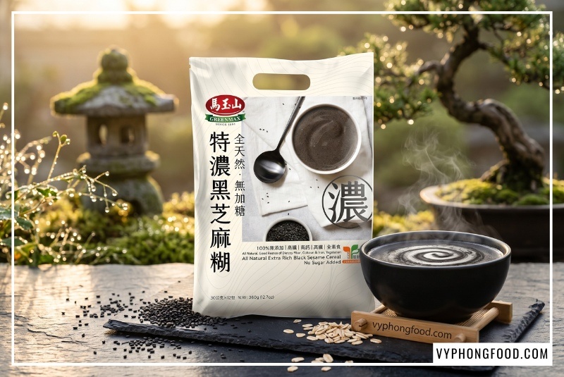 Túi bột ngũ cốc dinh dưỡng không đường từ mè đen Greenmax Đài Loan đặt cạnh một bát súp mè đen sánh mịn bốc khói mờ ảo trong sân vườn thiền tịnh phong cách Zen Nhật Bản đầy nắng sáng. Ảnh minh họa nguồn ngũ cốc đài loan chính ngạch giá sỉ chất lượng cao, giúp người khiếm thị hình dung bữa ăn kiêng thanh lành.