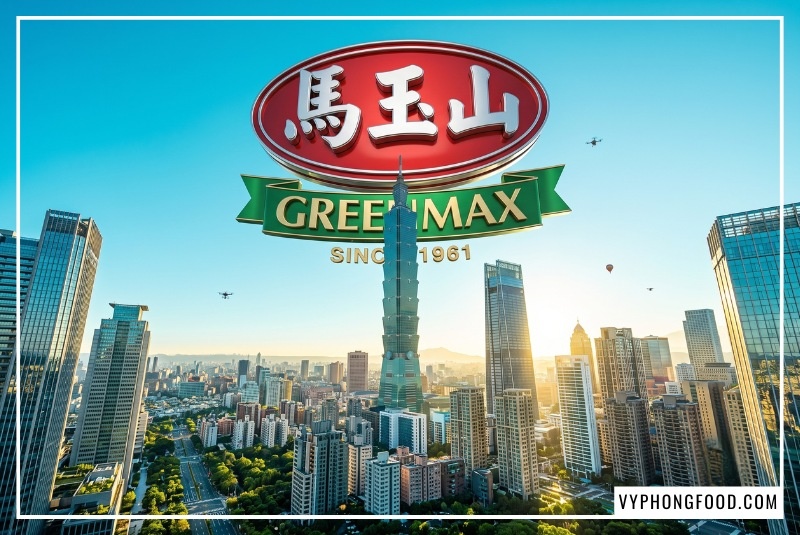 Mô hình logo thương hiệu Greenmax 3D màu xanh lá cây bóng loáng nổi bật bay bổng kiêu hãnh giữa bầu trời xanh trong đầy nắng của thành phố Đài Bắc, nổi bật phía sau là Tòa tháp Taipei 101 hiện đại sừng sững. Khẳng định quy mô phân phối ngũ cốc đài loan chính ngạch giá sỉ của Vy Phong Food.