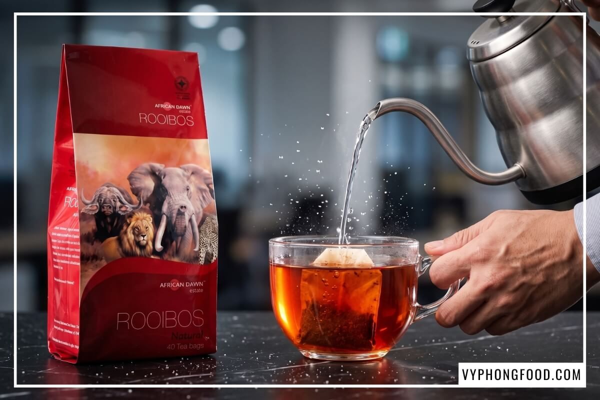 Dòng nước sôi rót vào trà uống buổi tối không mất ngủ dạng túi lọc tiện lợi khuếch tán sắc đỏ.