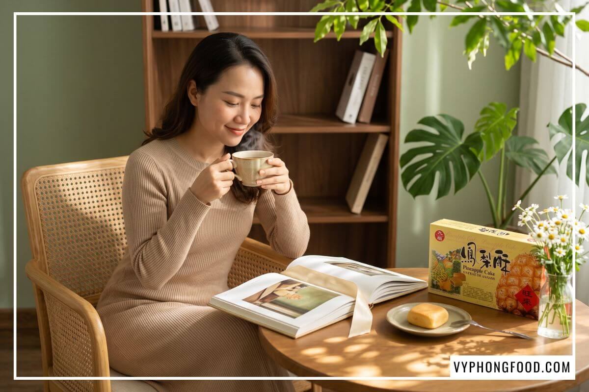 Đĩa bánh dứa Đài Loan và tách trà ấm cạnh cuốn sách nghệ thuật mở trên bàn gỗ ngập nắng