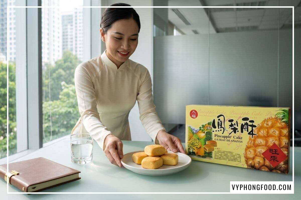 Lễ tân chuẩn bị bàn tiệc với khay làm bánh dứa mini và hộp Nice Choice trên bàn kính phòng họp.