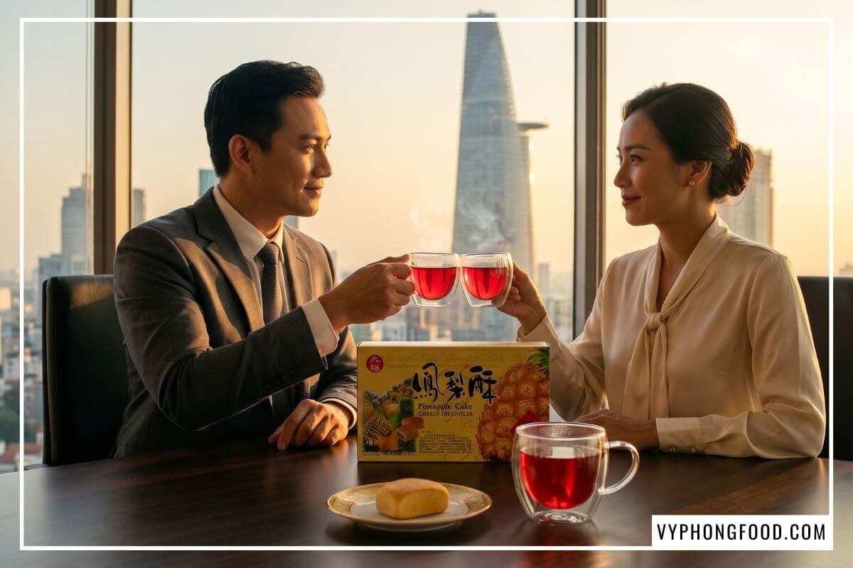 Bánh từ mẻ làm bánh dứa mini đặt cạnh tách hồng trà rooibos đỏ ruby trên bàn tiệc lúc hoàng hôn.