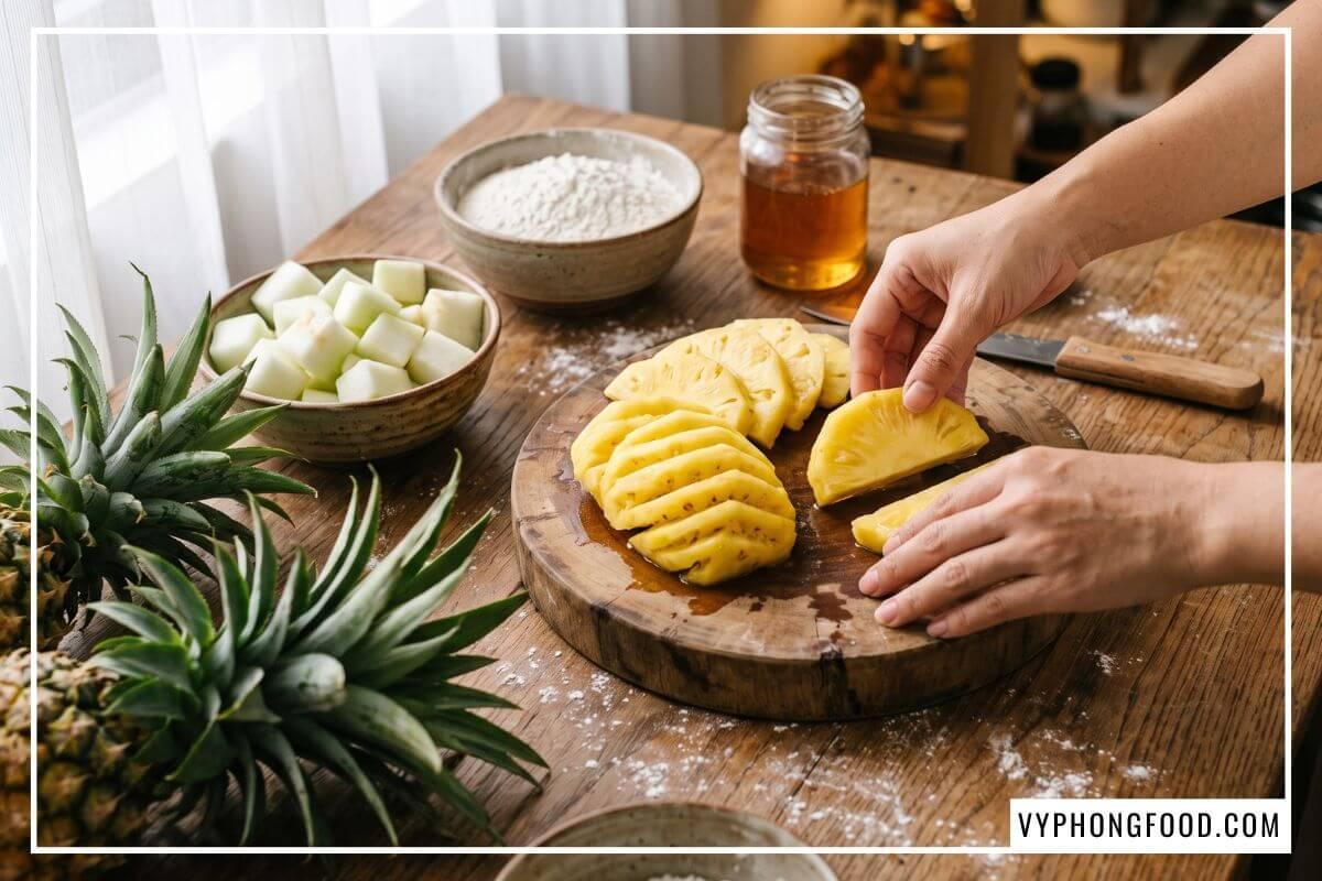 Tay người phụ nữ xếp dứa gọt vỏ ứa mật vàng trên thớt gỗ cùng các nguyên liệu làm bánh dứa tự nhiên.