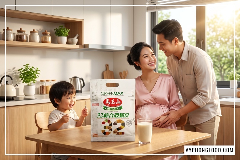 Gia đình hạnh phúc bên mẹ bầu Việt Nam đoan trang thưởng thức bữa sáng với ly sữa ấm sánh mịn và túi bột ngũ cốc dinh dưỡng không đường từ 32 loại hạt Greenmax Đài Loan chính hãng nhằm giải đáp thắc mắc loại ngũ cốc nào tốt cho bà bầu giúp con phát triển toàn diện.